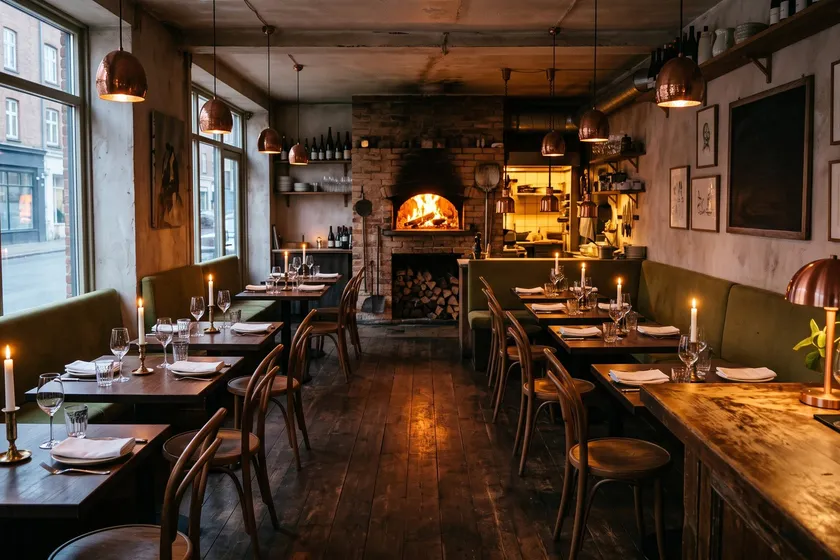 The dining room at dusk, wood-fired oven glowing at the back