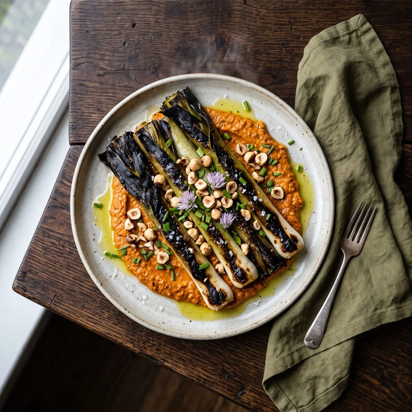 Charred leeks on smoked romesco with hazelnuts