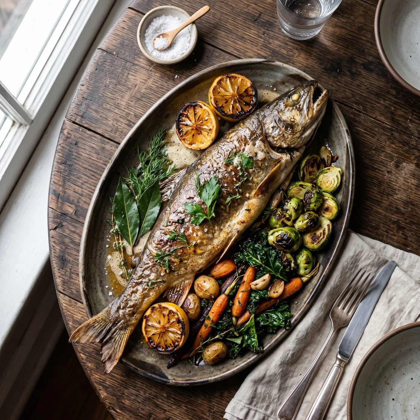 Whole roasted trout with charred lemon and winter greens